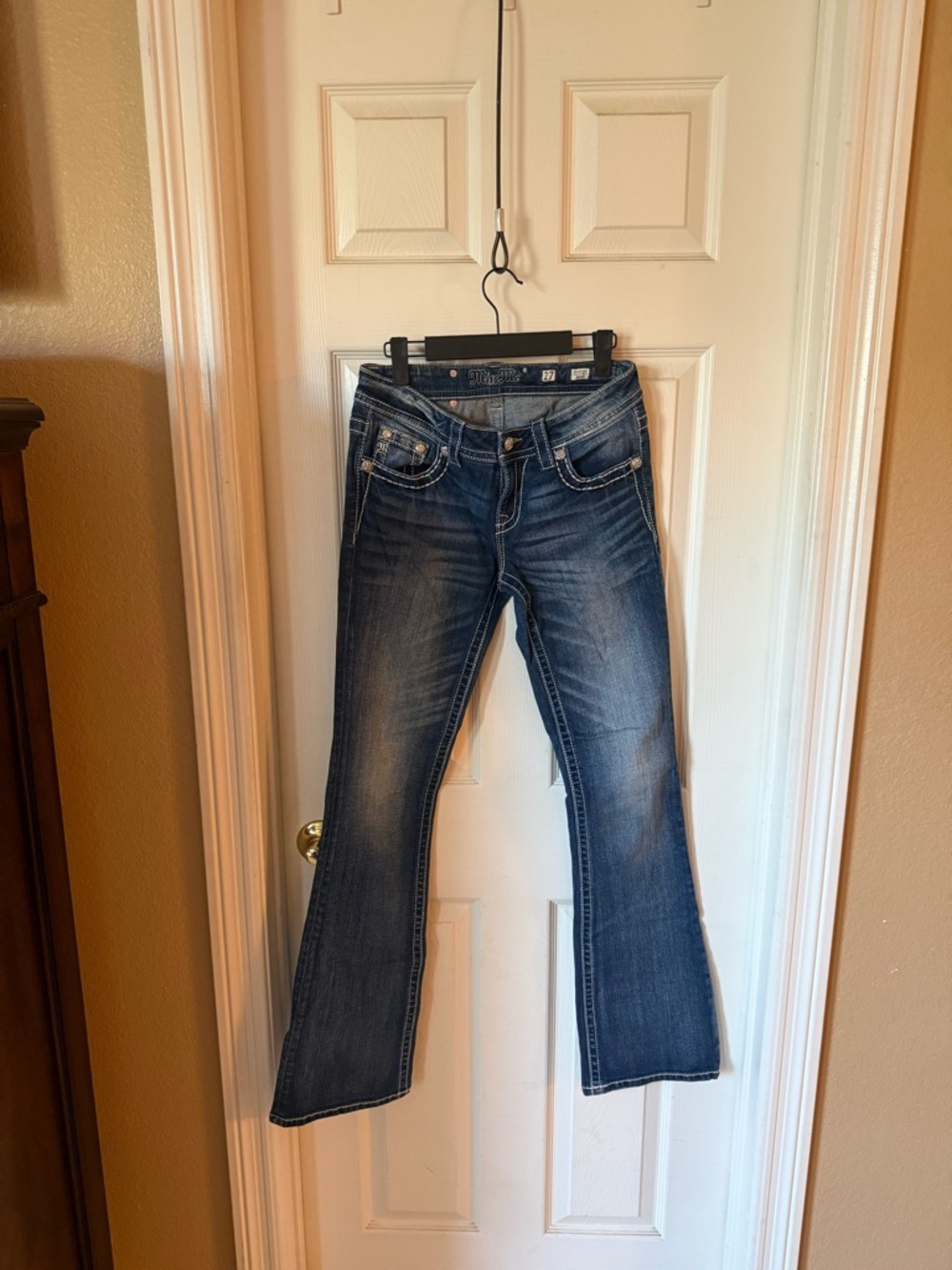 Miss Me Dark Blue Flare Jeans with Decorative Stitching. 27/34